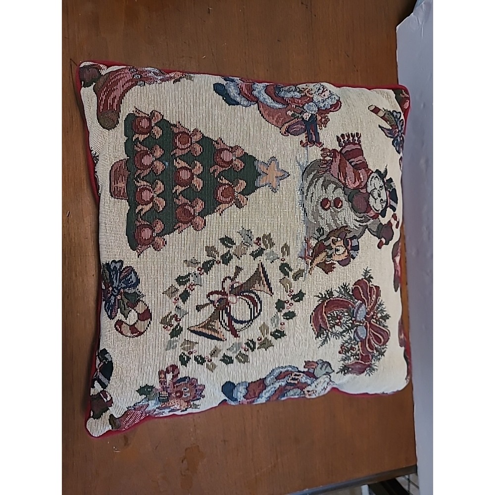 VTG Embroidered Christmas Tapestry Pillow 15x15 Snowman Santa Christmas Tree‎